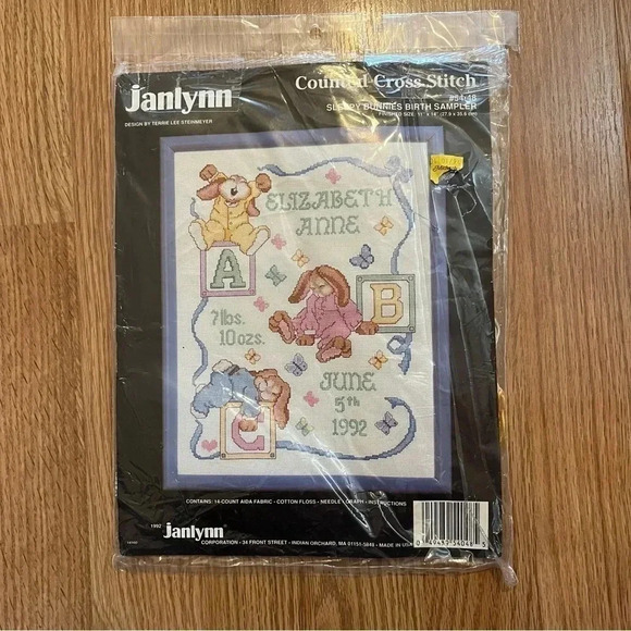 JANLYNN Counted Cross Stitch Kit SLEEPY BUNNIES BIRTH SAMPLER #54-48  11" x 14" - Picture 1 of 4